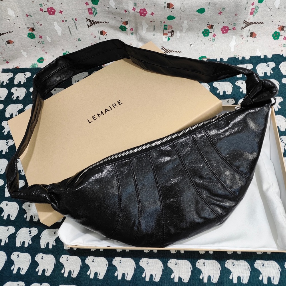 Lemaire Black Leather Crescent Bag with Wide Strap